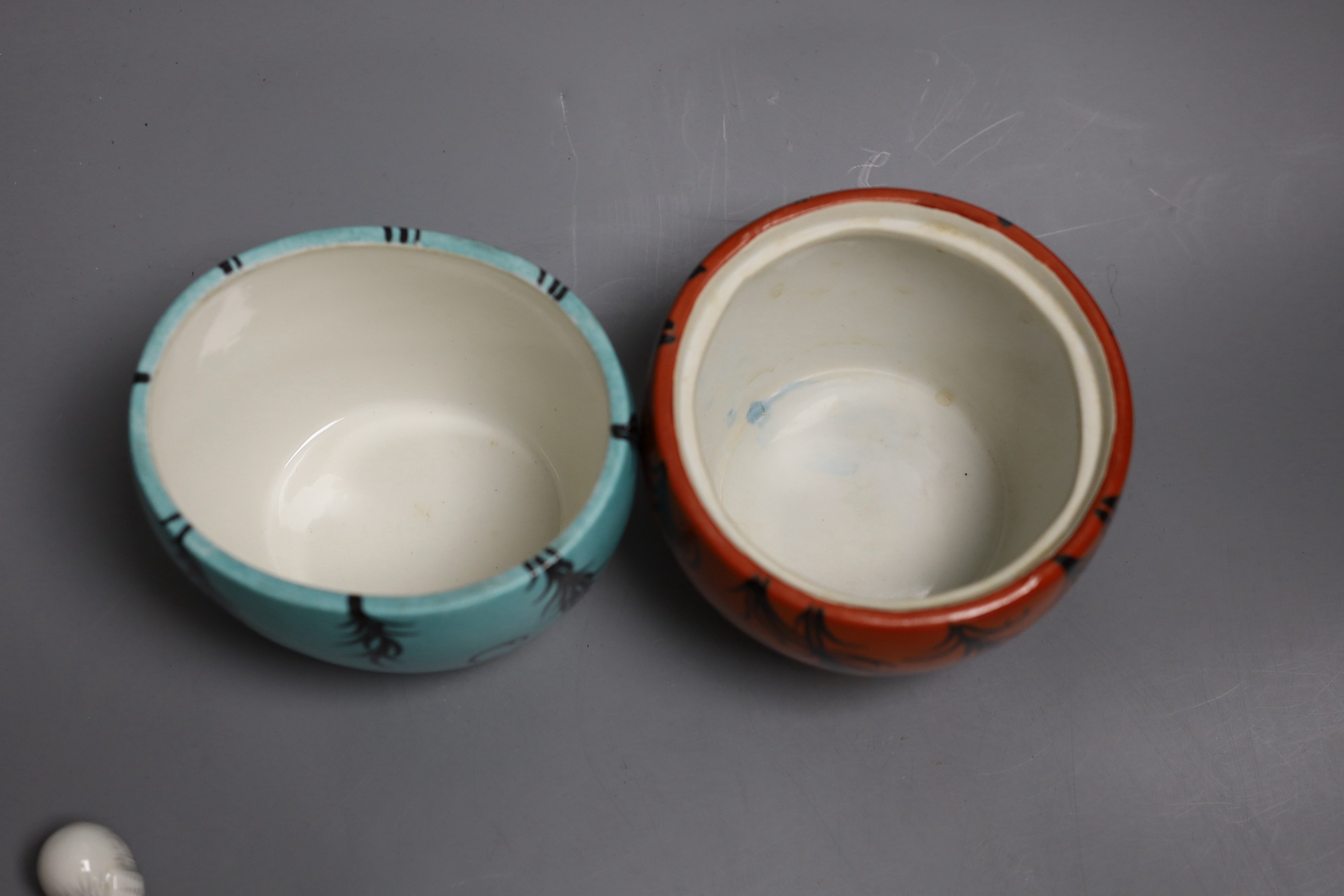 A Robj Spanish dancer bowl and cover and another similar of different make, tallest 20cm